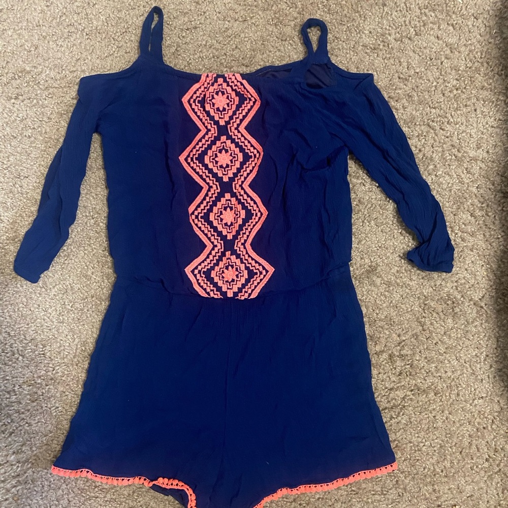 Girls XL Sequin Hearts Blue/ orange Lace Aztec 3/4 Sleeves Shorts Romper…